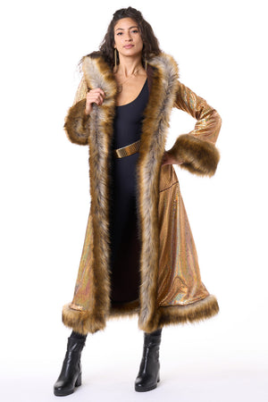 Deluxe Tamo Coat: Gold Holographic Snake + Fox Faux Fur Trim