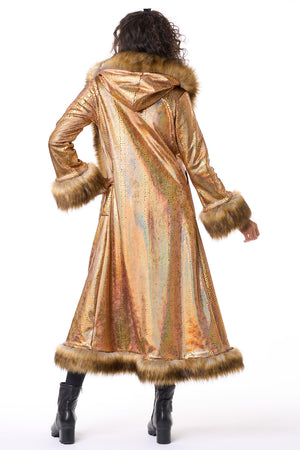 Deluxe Tamo Coat: Gold Holographic Snake + Fox Faux Fur Trim