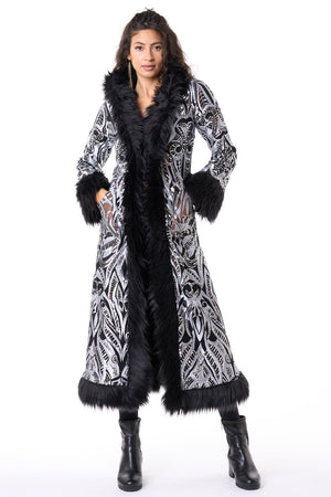 Deluxe Tamo Coat: Silver Phoenix Sequin + Black Faux Fur Trim