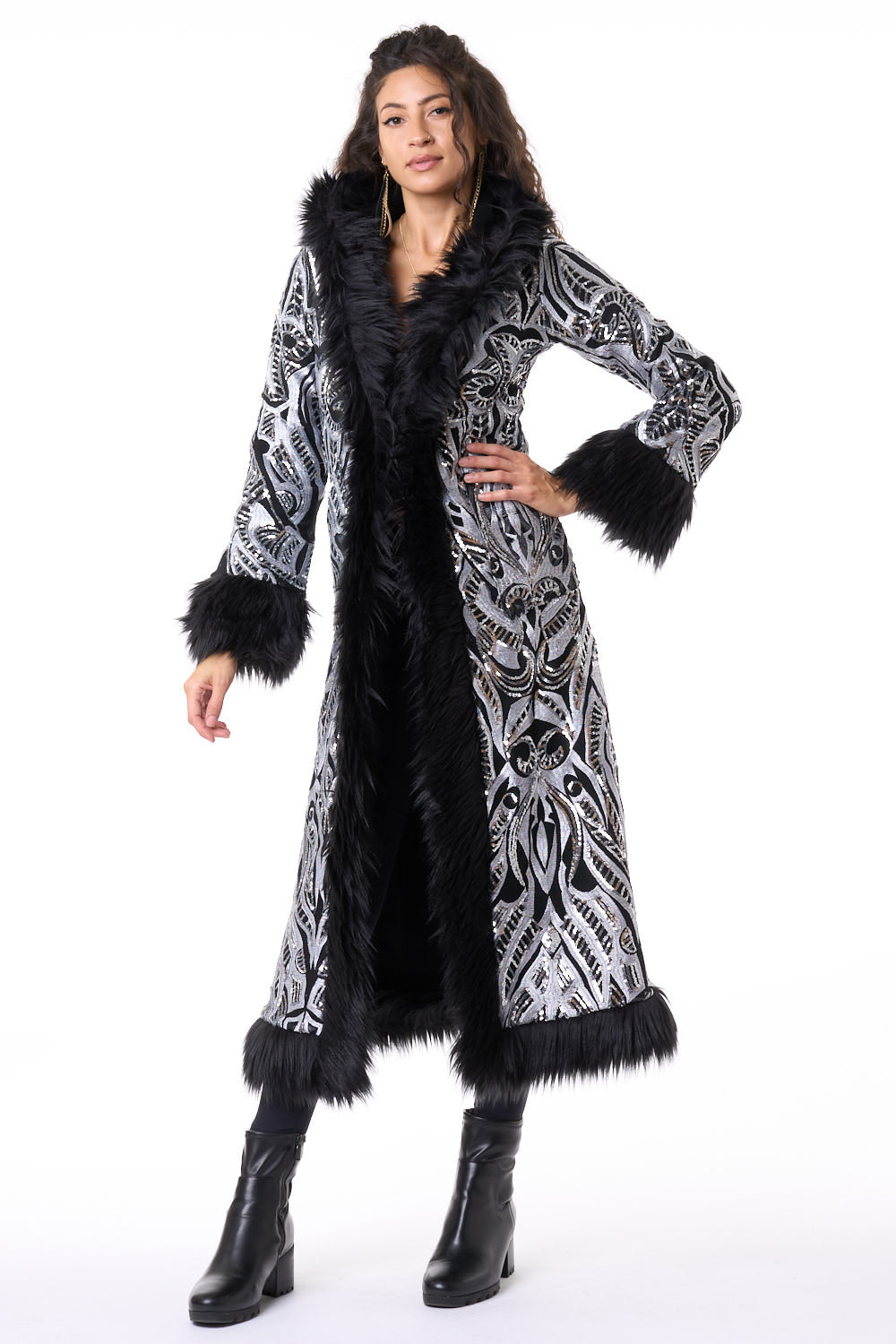 Deluxe Tamo Coat: Silver Phoenix Sequin + Black Faux Fur Trim