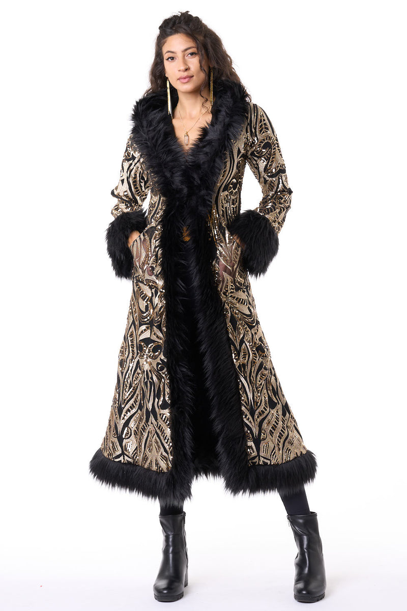 Deluxe Tamo Coat: Gold Phoenix Sequin + Black Faux Fur Trim