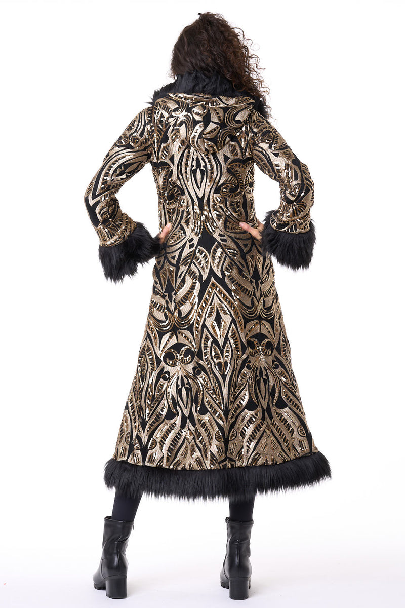 Deluxe Tamo Coat: Gold Phoenix Sequin + Black Faux Fur Trim