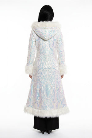 Deluxe Tamo Coat: White Iridescent Nouveau Sequin + White Faux Fur Trim