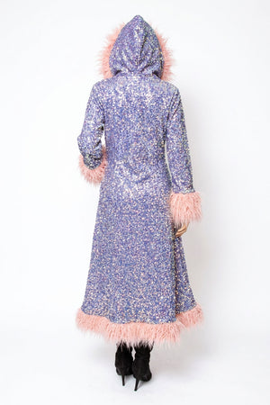 Deluxe Tamo Coat: Lavender Seashell Sequin + Pink Mongolian Faux Fur Trim