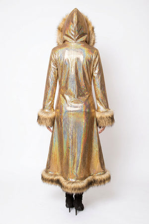 Deluxe Tamo Coat: Gold Holographic Snake + Fox Faux Fur Trim