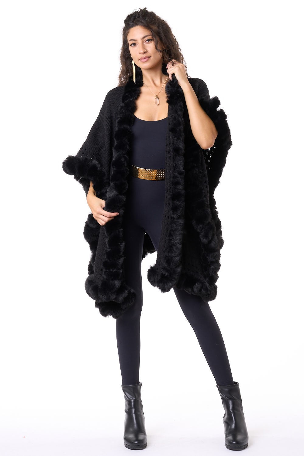 Black Knit Faux Fur Trim Wrap