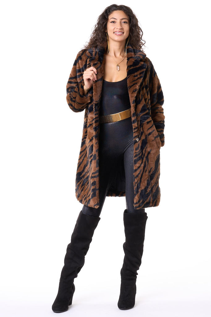 Brown Zebra Faux Fur Coat