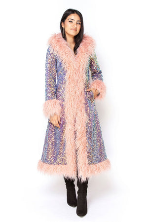 Deluxe Tamo Coat: Lavender Seashell Sequin + Pink Mongolian Faux Fur Trim