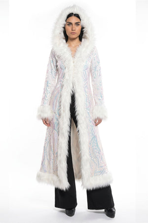 Deluxe Tamo Coat: White Iridescent Nouveau Sequin + White Faux Fur Trim