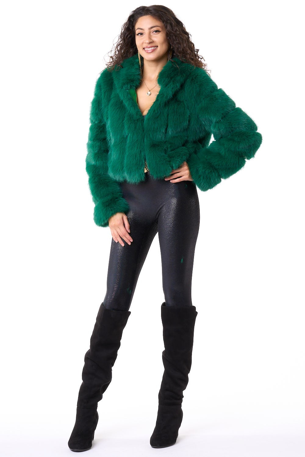 Green Faux Fur Cropped Jacket