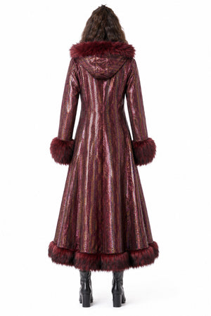 Deluxe Tamo Coat: Burgundy Iridescent Snake Print + Burgundy Faux Fur Trim