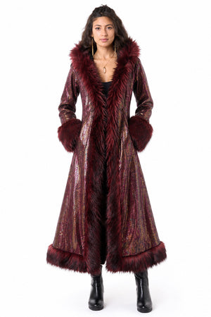Deluxe Tamo Coat: Burgundy Iridescent Snake Print + Burgundy Faux Fur Trim