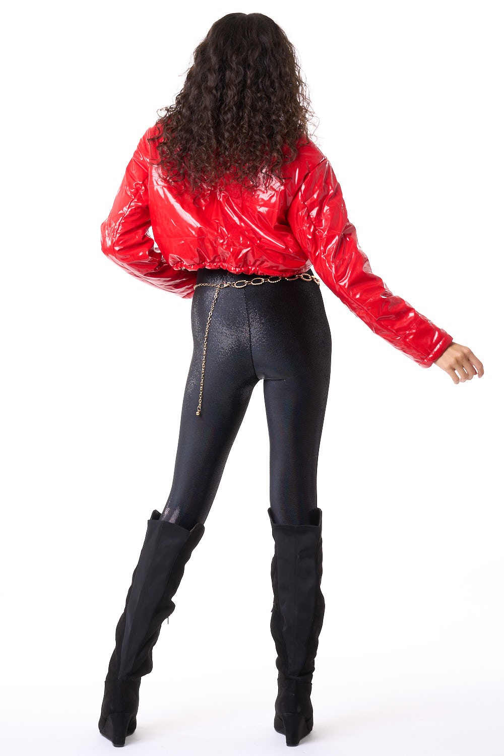 Red Cropped Pleather Puffer Jacket