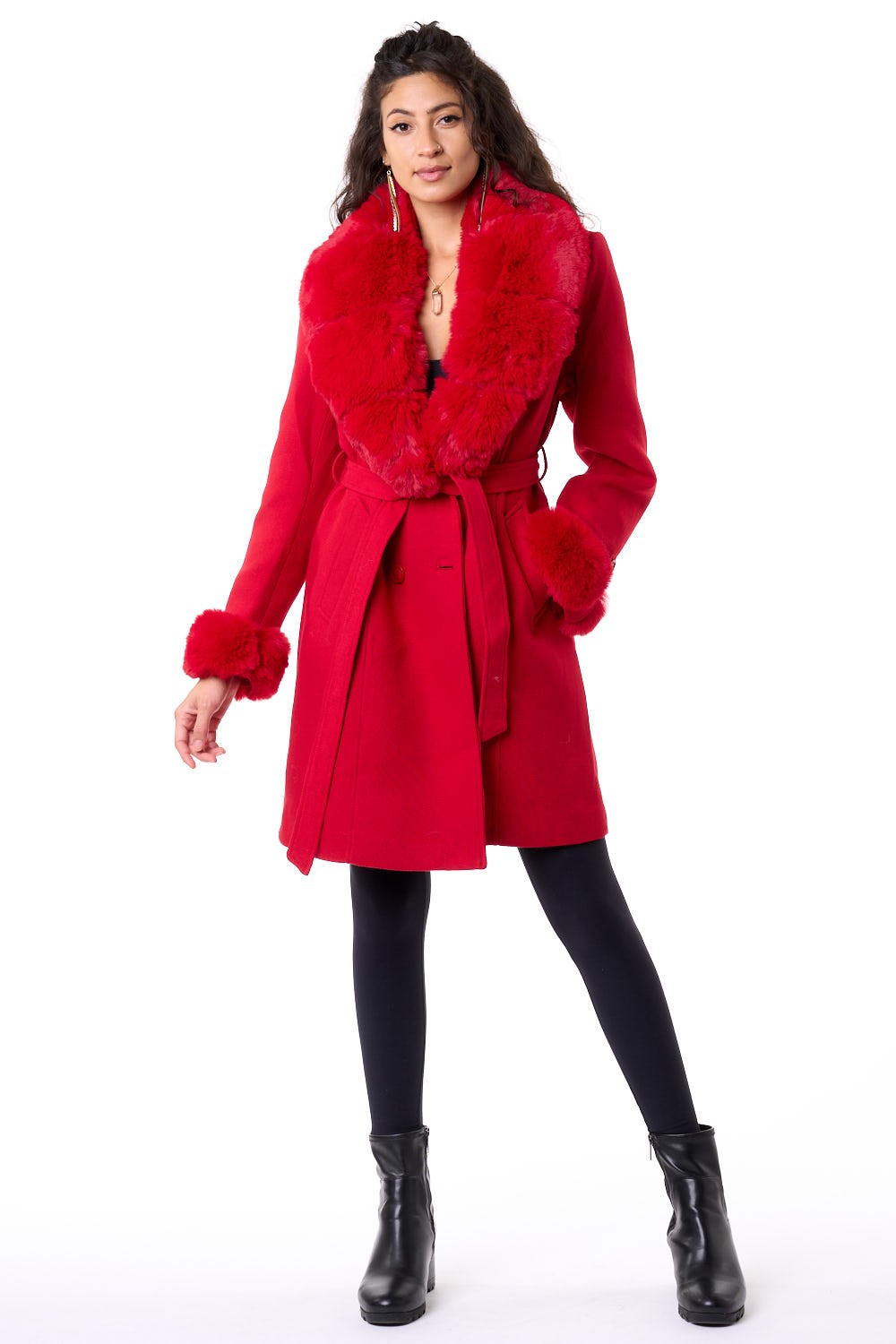 Red Faux Fur Trench Coat