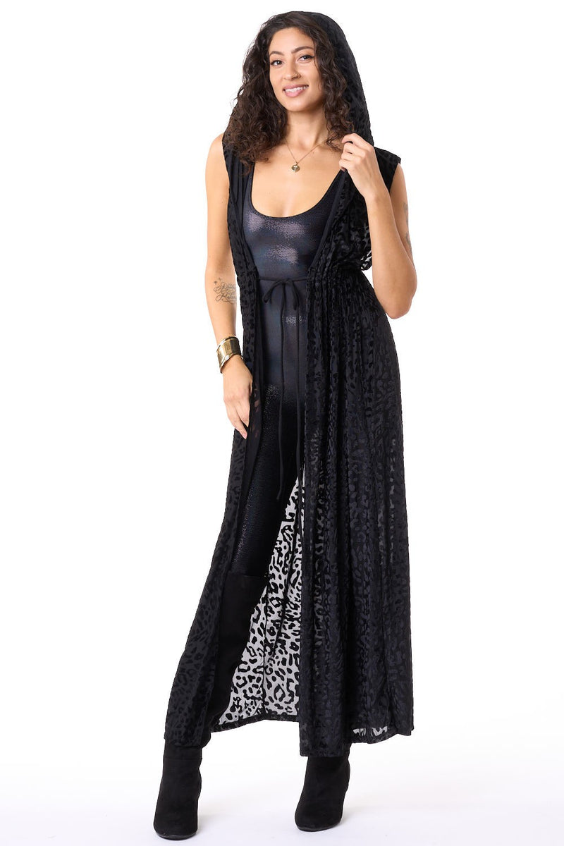 Black Cheetah Velvet Burnout Hooded Sleeveless Gemini Robe