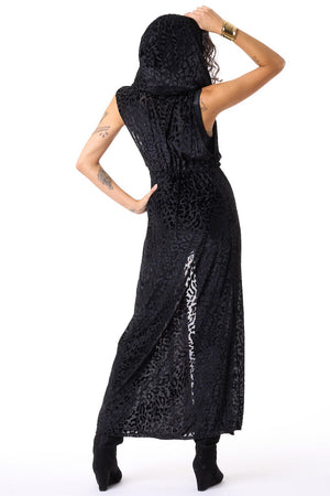 Black Cheetah Velvet Burnout Hooded Sleeveless Gemini Robe