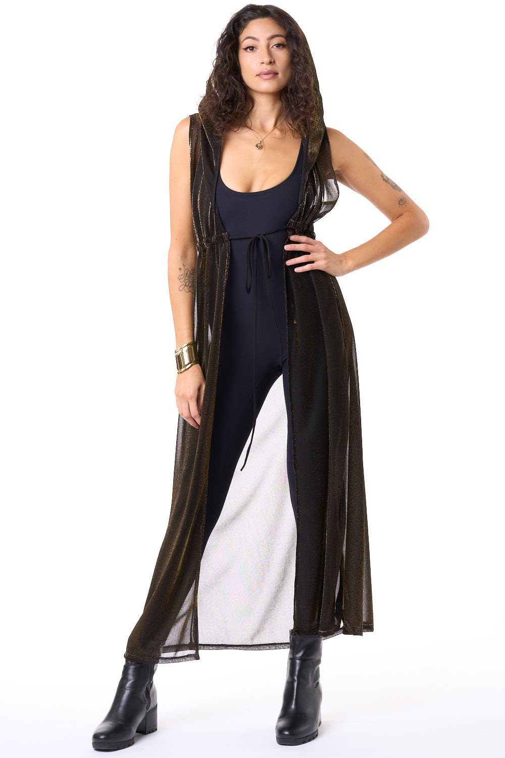 Black & Gold Shimmer Mesh Hooded Sleeveless Gemini Robe