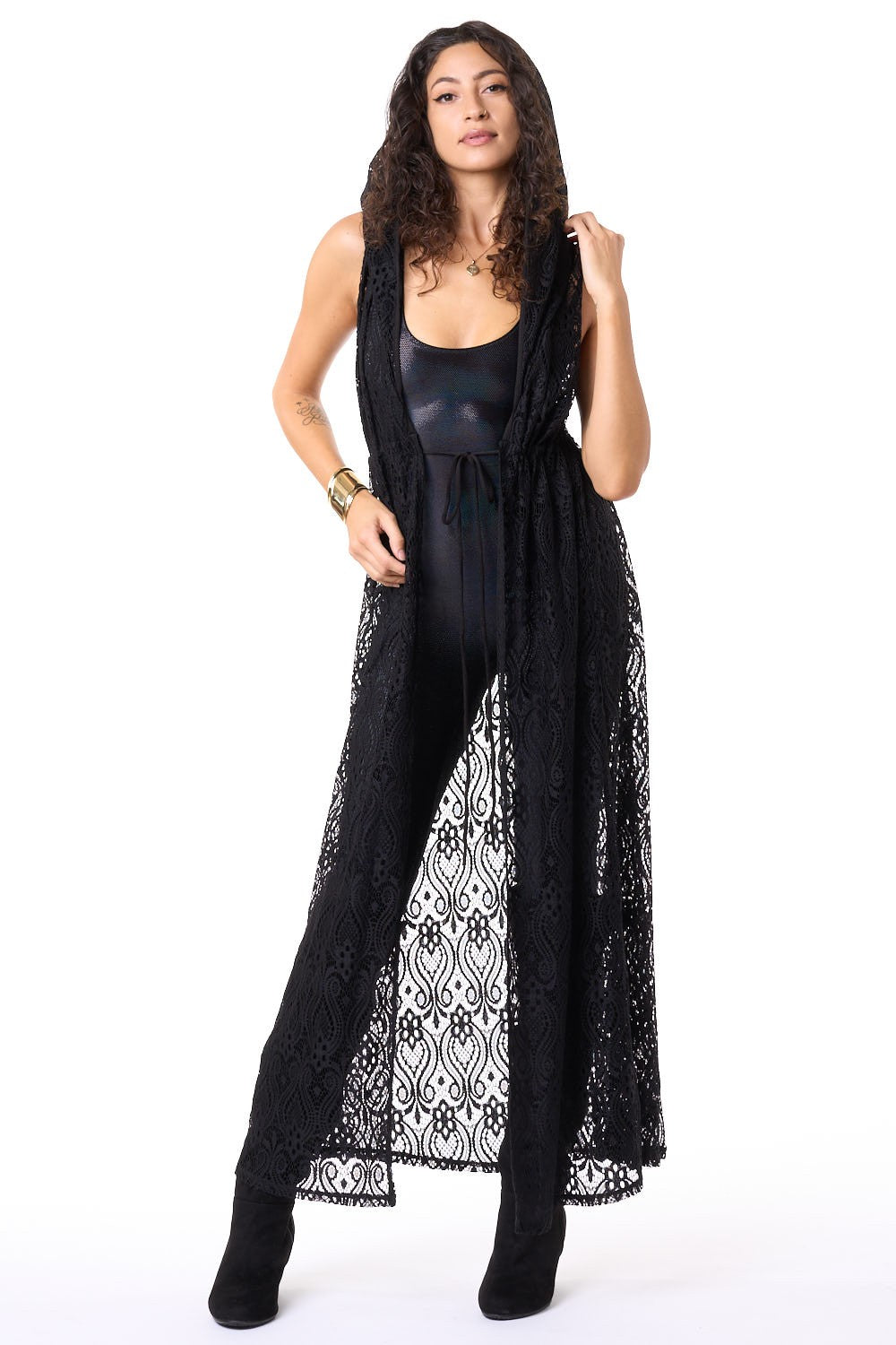 Black Paisley Lace Hooded Sleeveless Gemini Robe