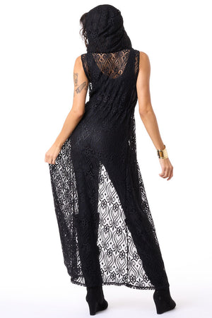 Black Paisley Lace Hooded Sleeveless Gemini Robe