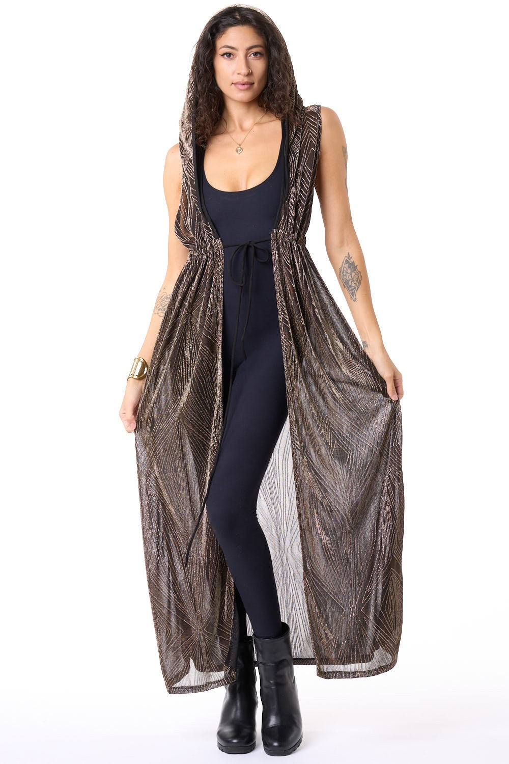 Gold Geometric Mesh Hooded Sleeveless Gemini Robe