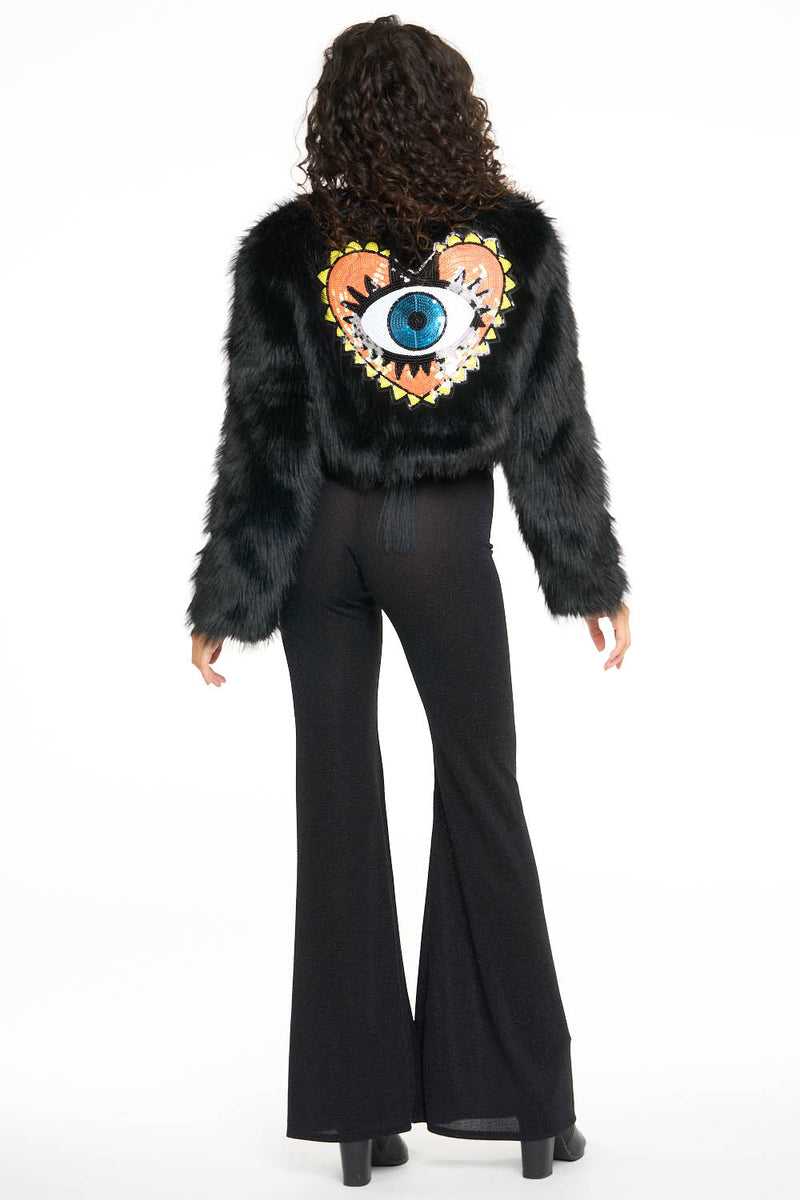 Black Cropped Fur Jacket with Seeing Heart Sequin Patch on Back