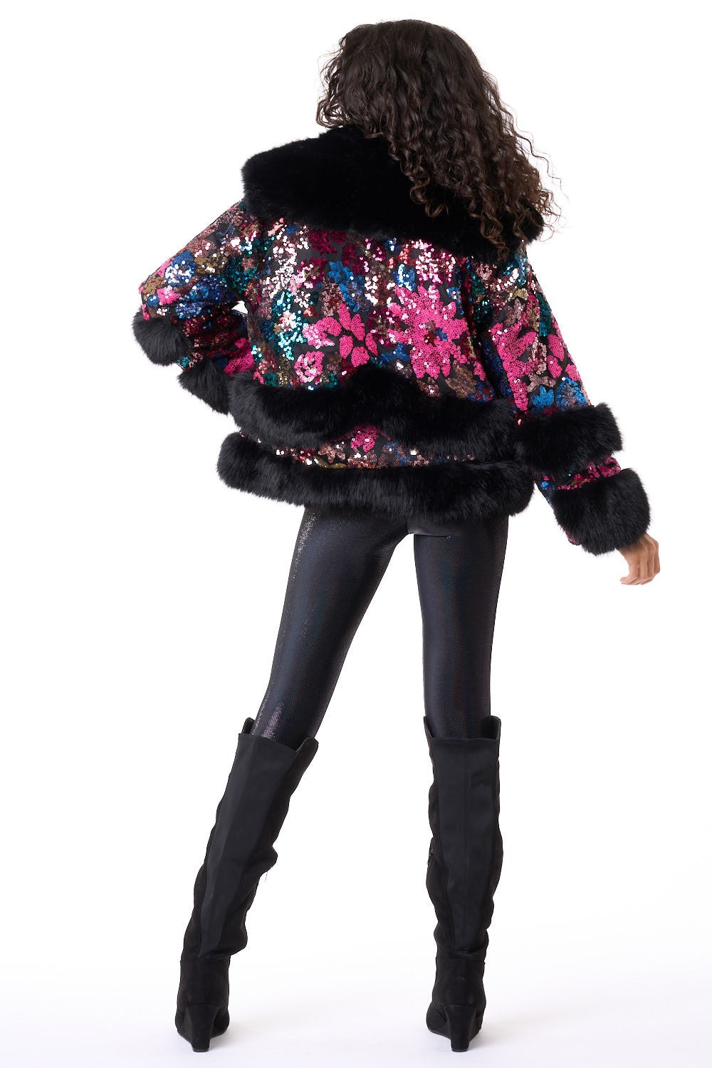 Sequin Party Faux Fur Trim Coat