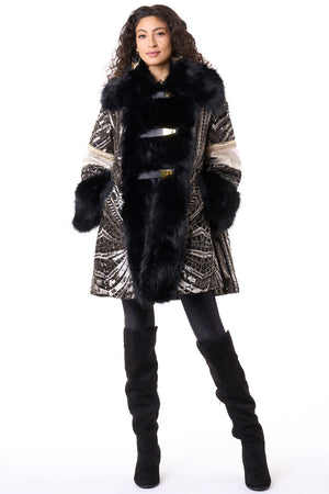 Starbright Embroidered Faux Fur Trim Coat