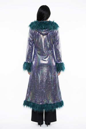 Deluxe Tamo Coat: Blue Iridescent Snake Print + Teal Mongolian Faux Fur Trim
