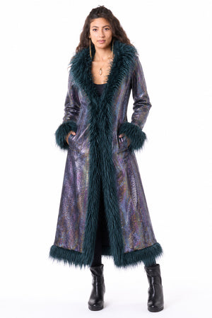 Deluxe Tamo Coat: Blue Iridescent Snake Print + Teal Mongolian Faux Fur Trim