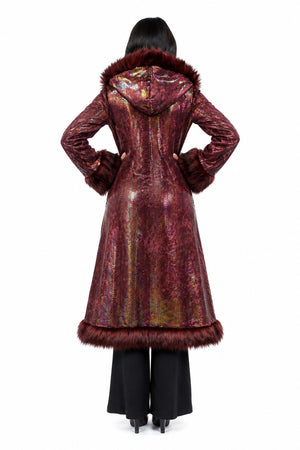 Deluxe Tamo Coat: Burgundy Iridescent Snake Print + Burgundy Faux Fur Trim