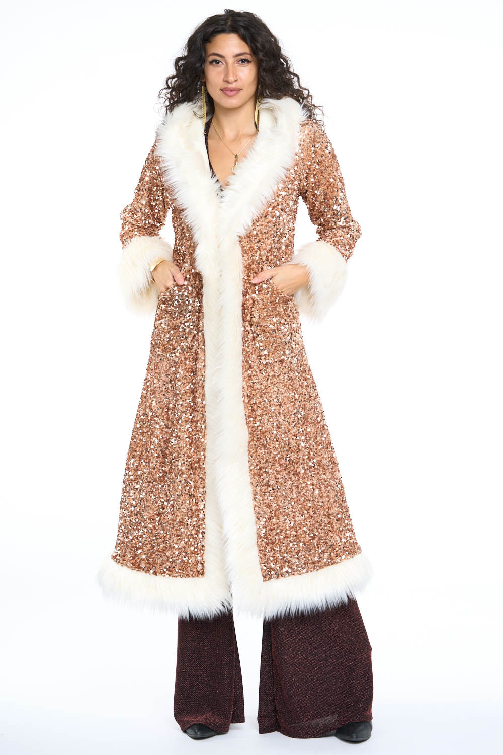 Deluxe Tamo Coat: Copper Starlight Sequin + Cream Faux Fur Trim