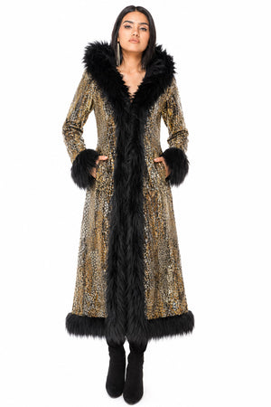 Deluxe Tamo Coat: Silver & Gold Dragon Print Sequin + Black Faux Fur Trim