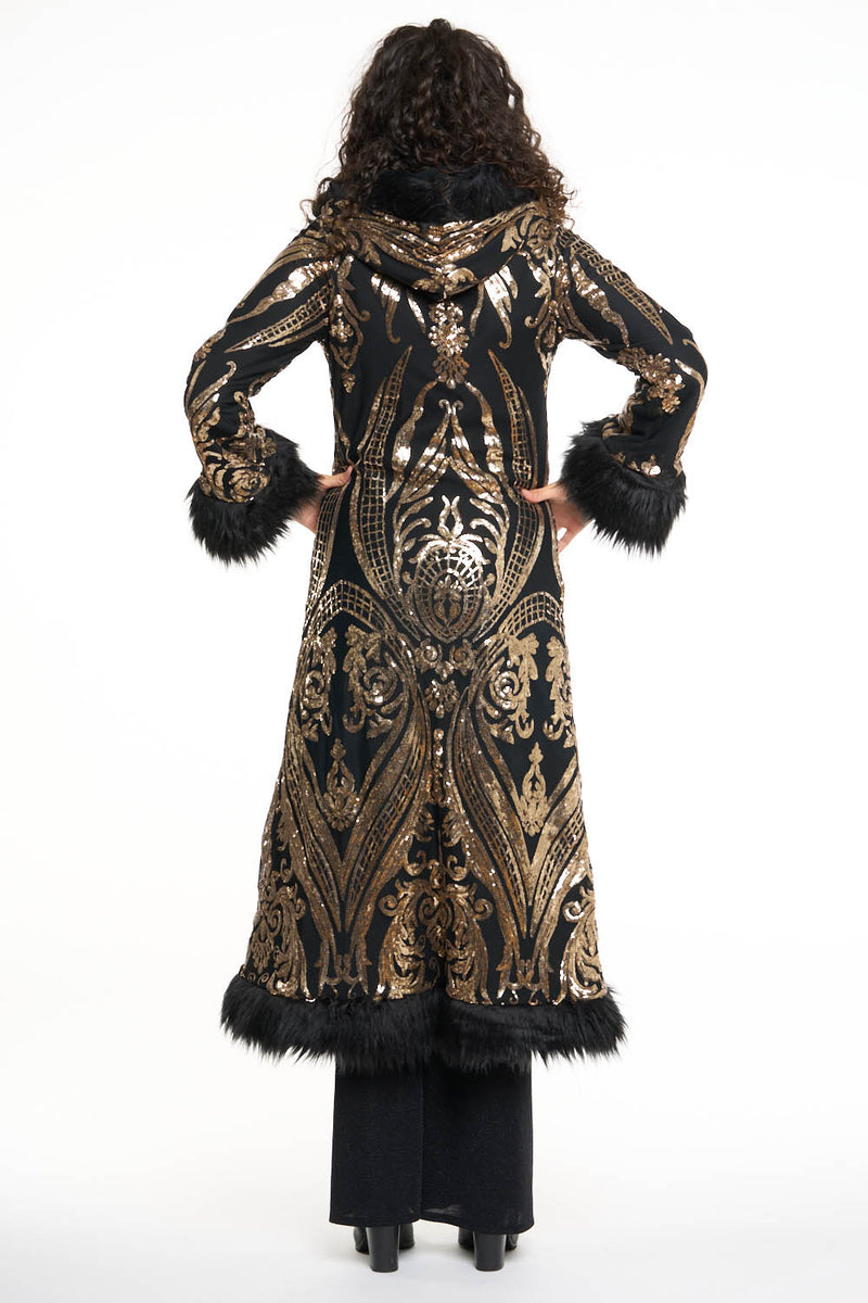 Deluxe Tamo Coat: Gold Baroque Sequin + Black Faux Fur Trim