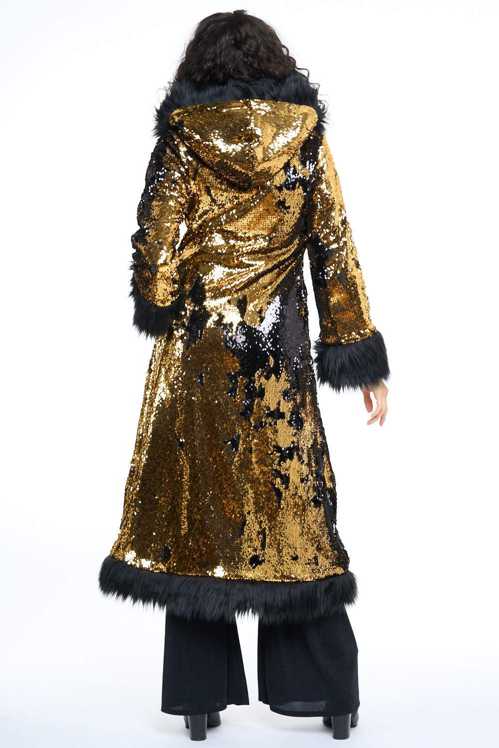 Deluxe Tamo Coat: Gold & Black Flip Sequin + Black Faux Fur Trim