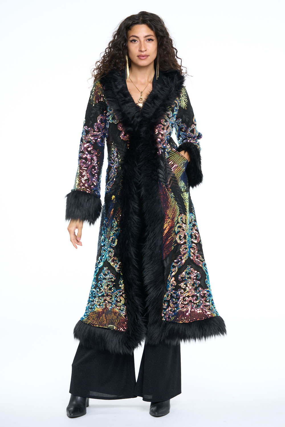 Deluxe Tamo Coat: Multi Athena Sequin + Black Faux Fur Trim
