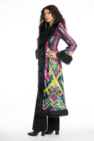 Deluxe Tamo Coat: Rainbow Deco Sequin + Black Faux Fur Trim