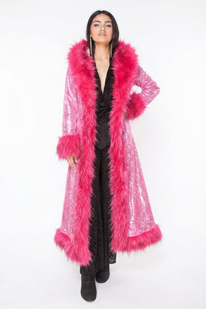 Deluxe Tamo Coat: Pink Iridescent Snake Print + Pink Faux Fur Trim