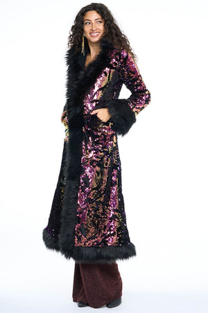 Deluxe Tamo Coat: Purple Rain + Black Faux Fur Trim