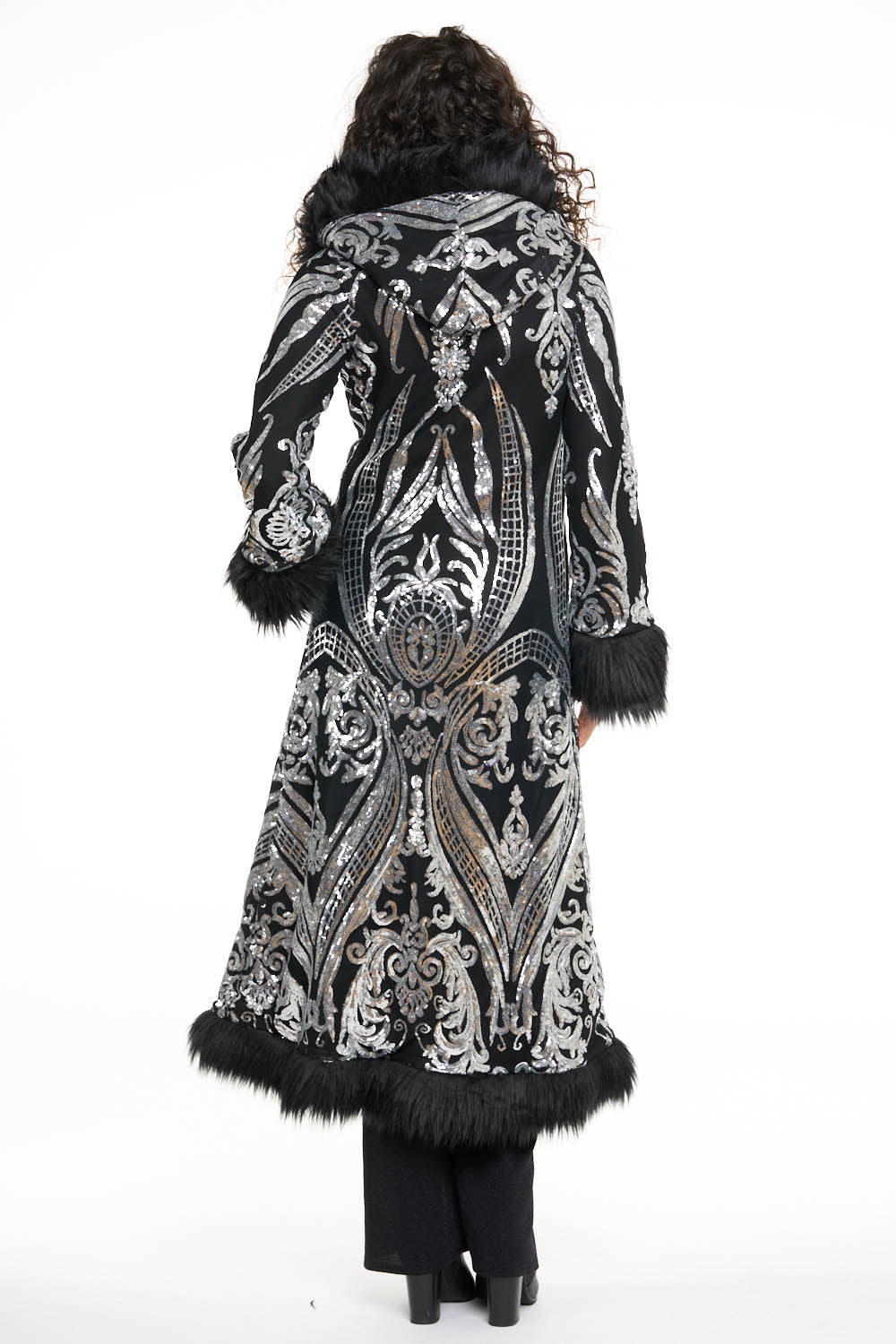 Deluxe Tamo Coat: Silver Baroque Sequin + Black Faux Fur Trim