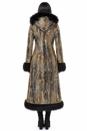 Deluxe Tamo Coat: Silver & Gold Dragon Print Sequin + Black Faux Fur Trim