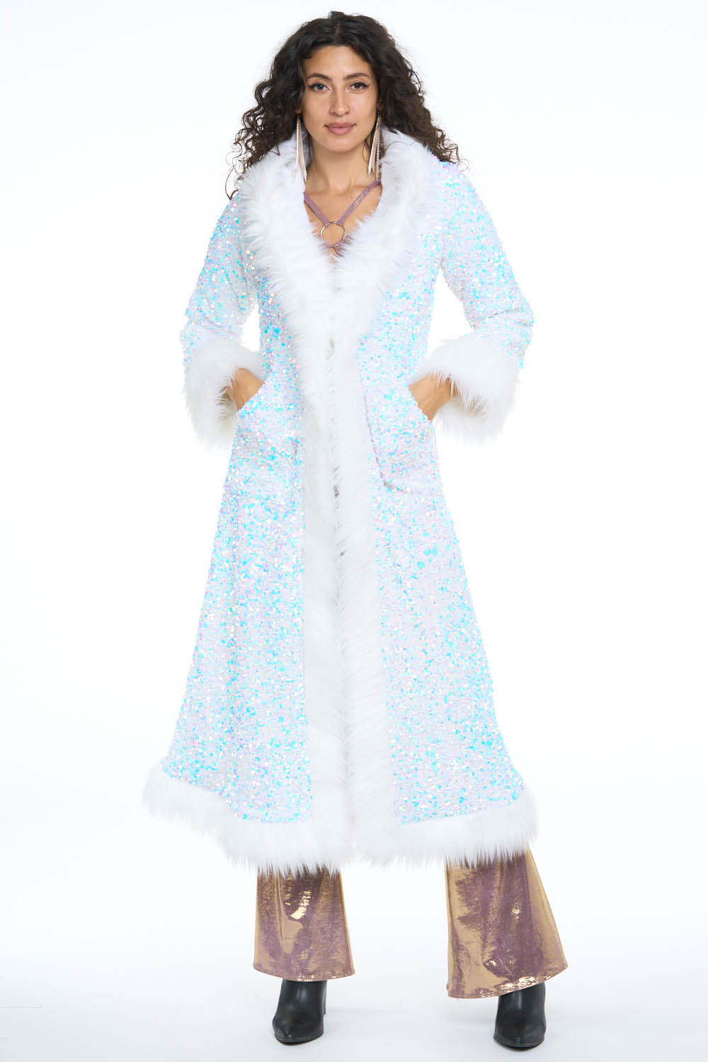 Deluxe Tamo Coat: Unicorn Starlight Sequin + White Faux Fur Trim