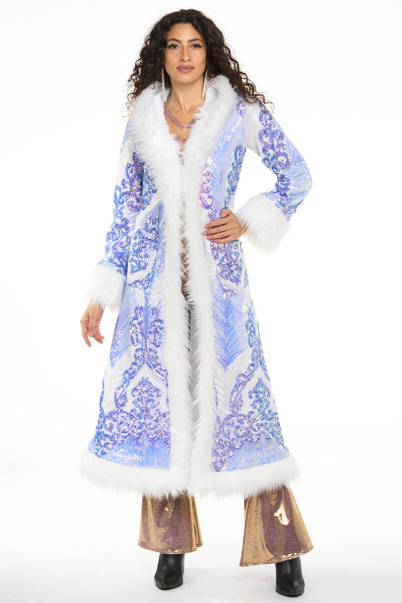 Deluxe Tamo Coat: Azure Athena Sequin + White Faux Fur Trim