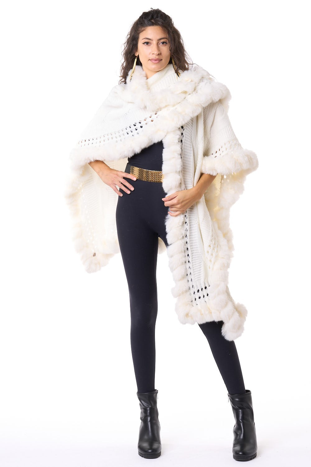 White Knit Faux Fur Trim Wrap