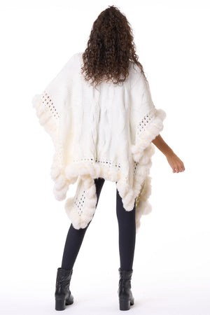 White Knit Faux Fur Trim Wrap