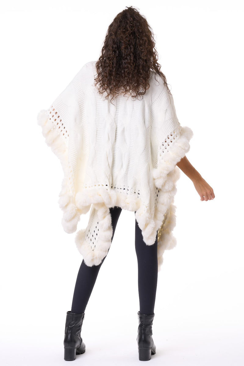 White Knit Faux Fur Trim Wrap