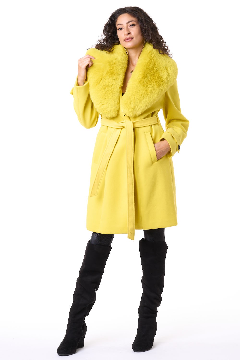 Yellow Faux Fur Trench Coat