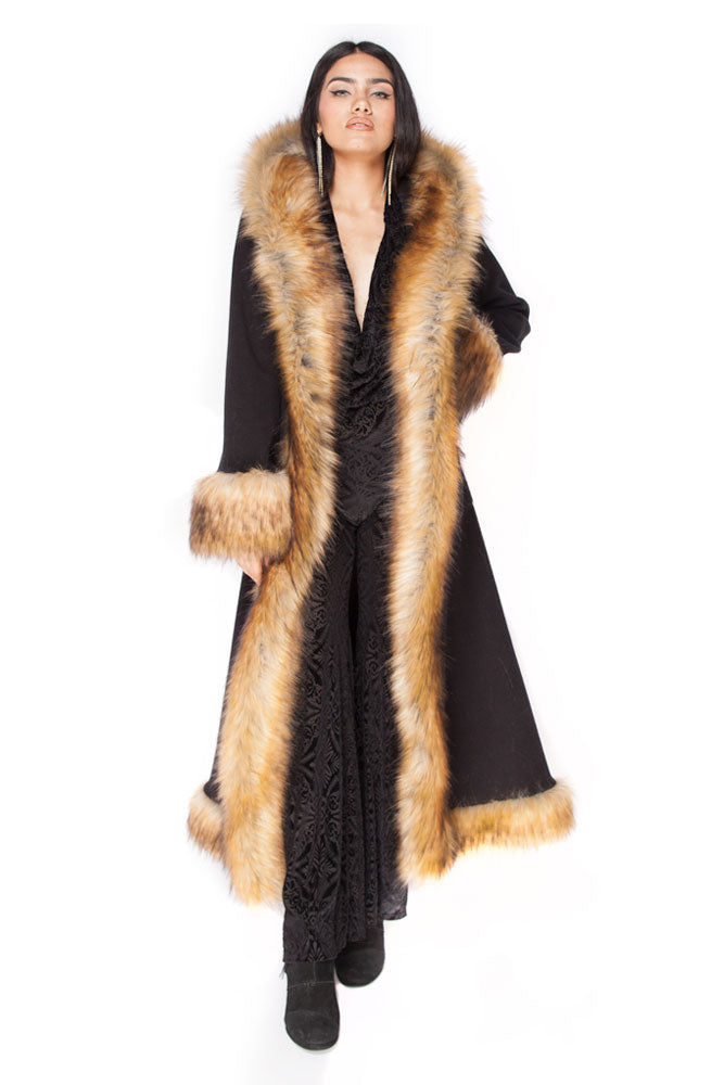 Classic Tamo Coat: Black Coat + Brown Fox Faux Fur Trim
