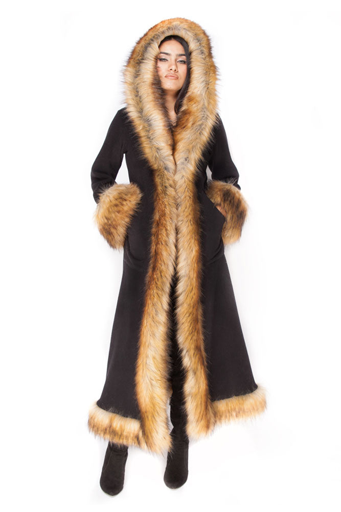 Classic Tamo Coat: Black Coat + Brown Fox Faux Fur Trim