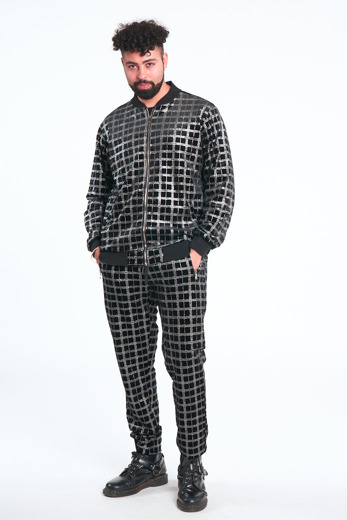 Silver Plaid Glitter Black Velour Track Suit