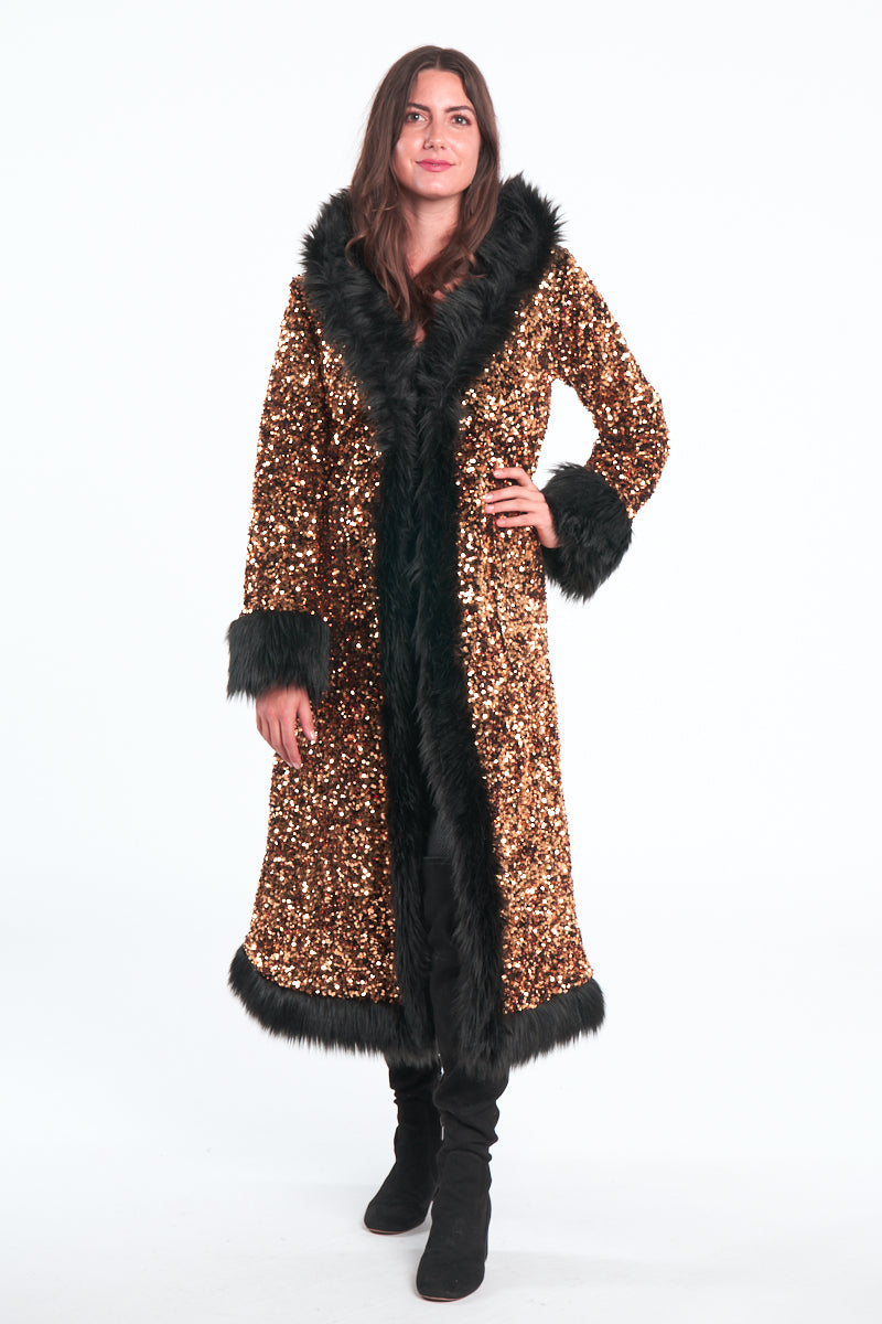 Deluxe Tamo Coat:  Solid Gold Sequin + Black Faux Fur Trim